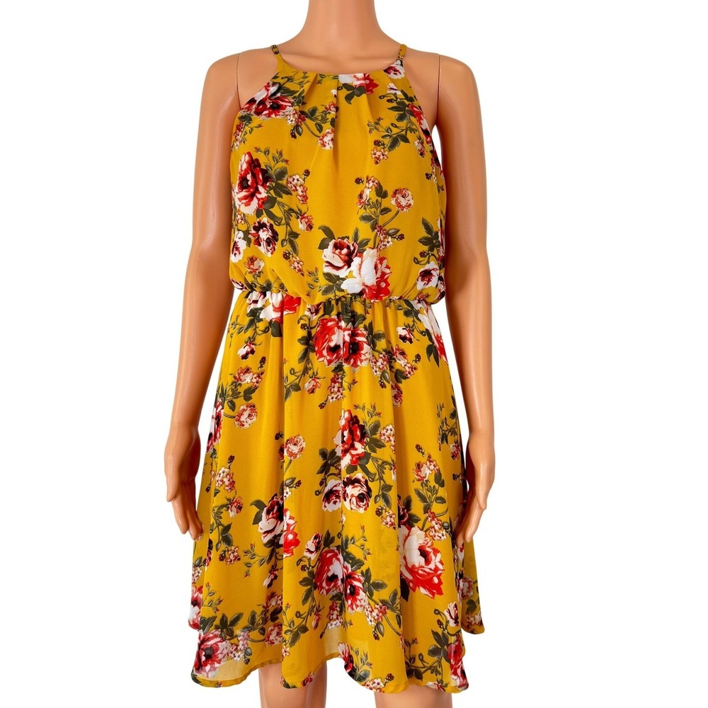 Blue‎ Rain Francescas Mustard Yellow Floral Halter Dress Elastic Waist Medium